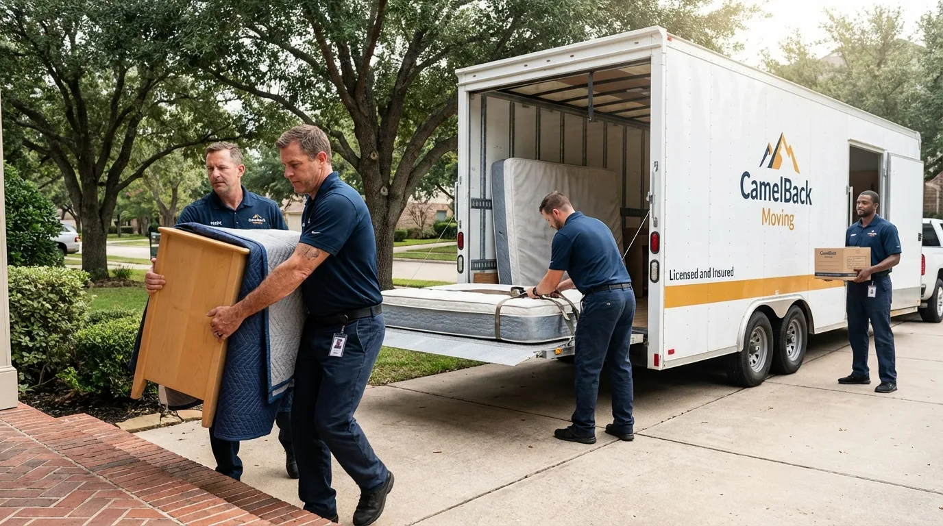 Crew loading residential truck for cross-state move from Athens, IL
