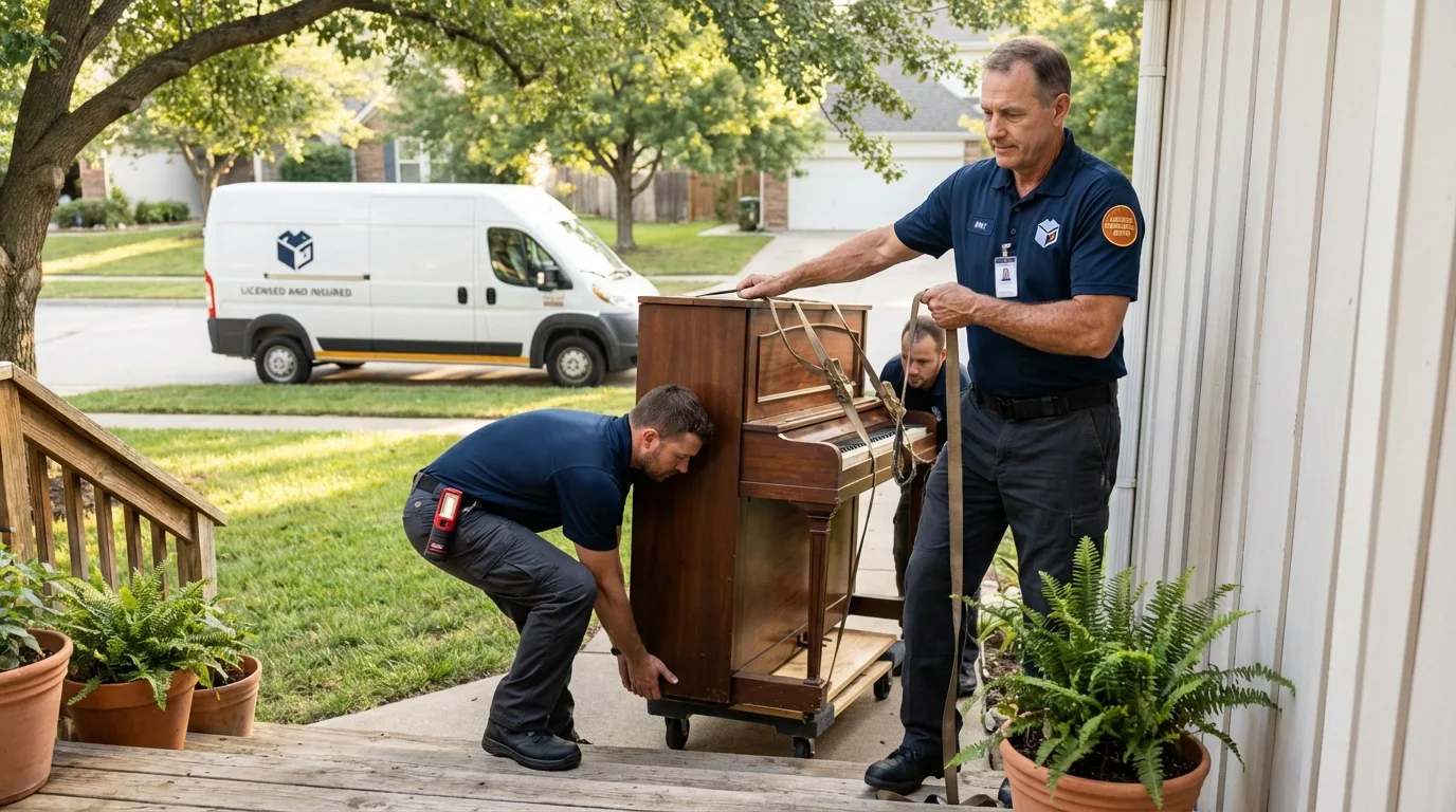 Licensed piano movers securing grand piano in Athens, IL