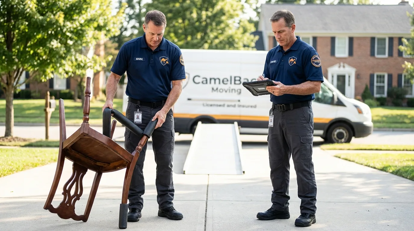 Movers inspecting furniture for damage prevention before loading in Athens, IL