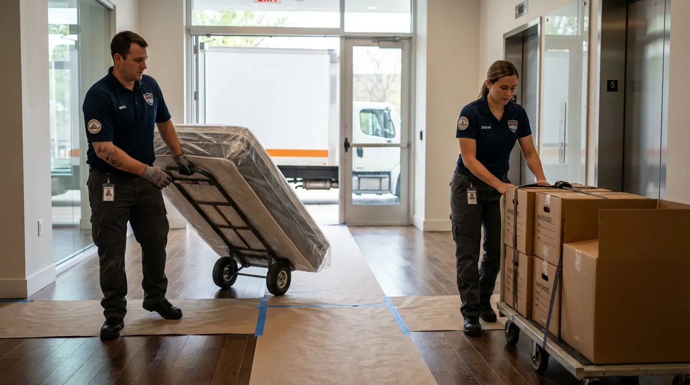 Professional apartment movers loading elevator in Athens, IL