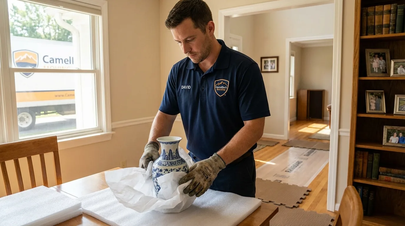 Professional crew carefully wrapping antique vase for senior downsizing move in Athens, IL