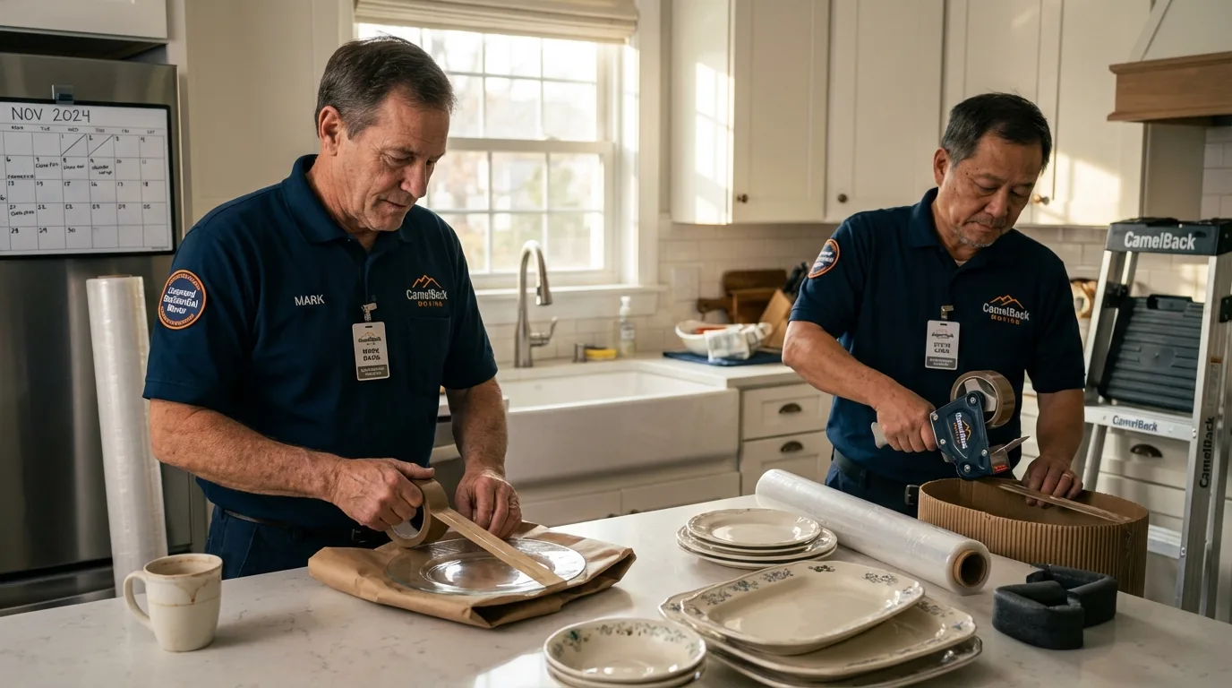 Professional crew packing kitchen dishware in Athens, IL